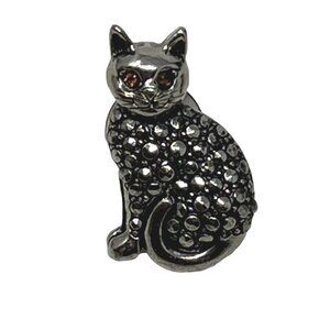 Cat Tie Tack Lapel Pin Orange Eyes‎ Silver Tone Hat Pin